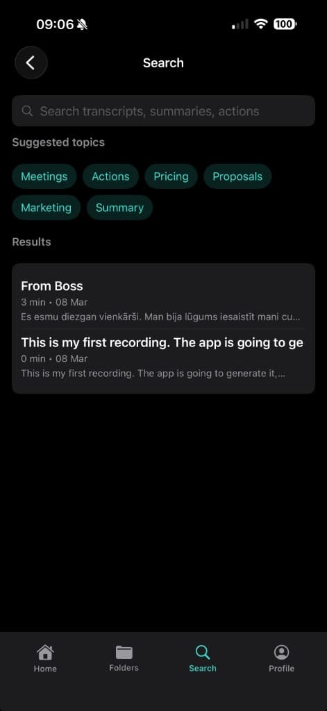 Search transcripts, summaries, and actions
